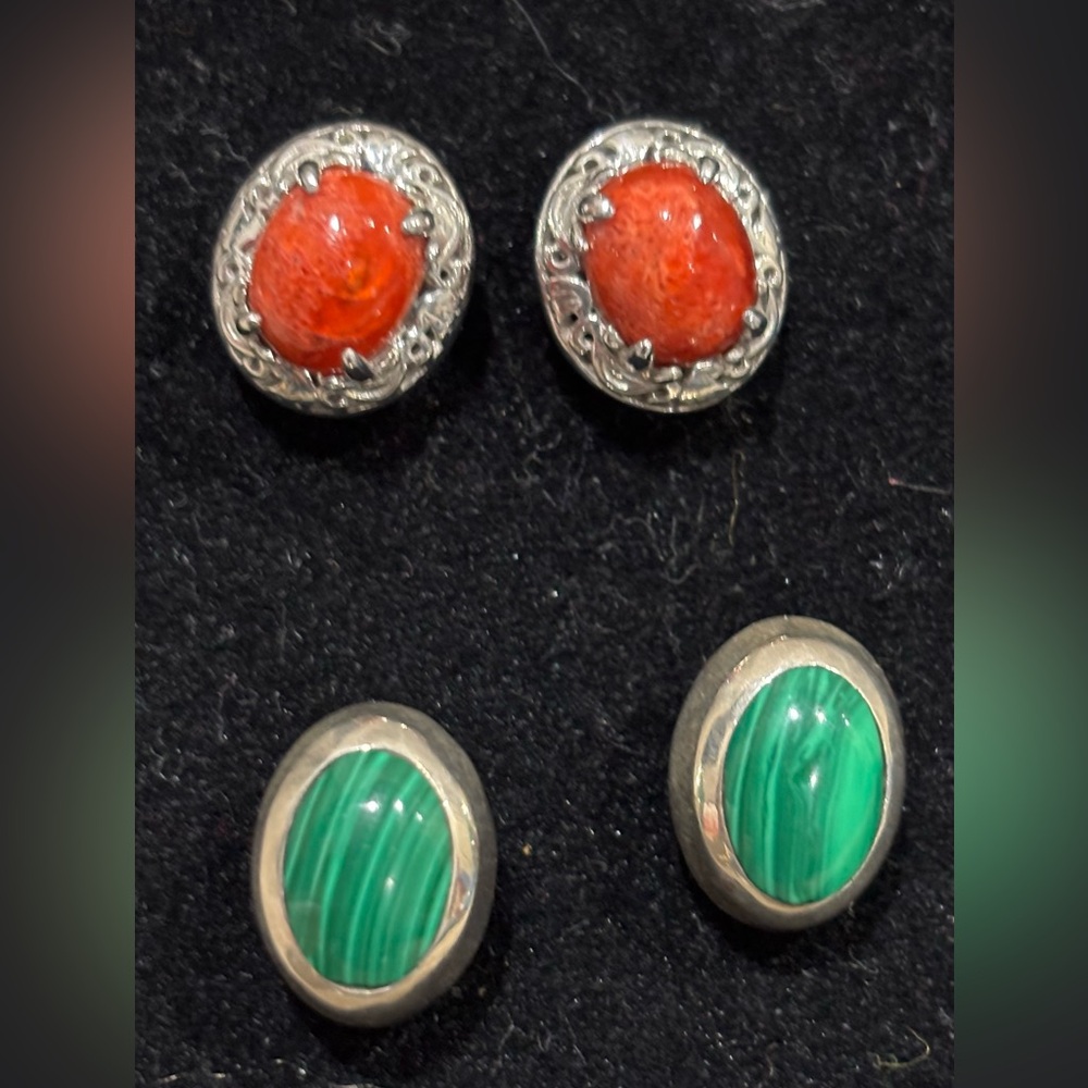 925 Sterling Silver Stud Earrings natural Jade or Coral stones pierced